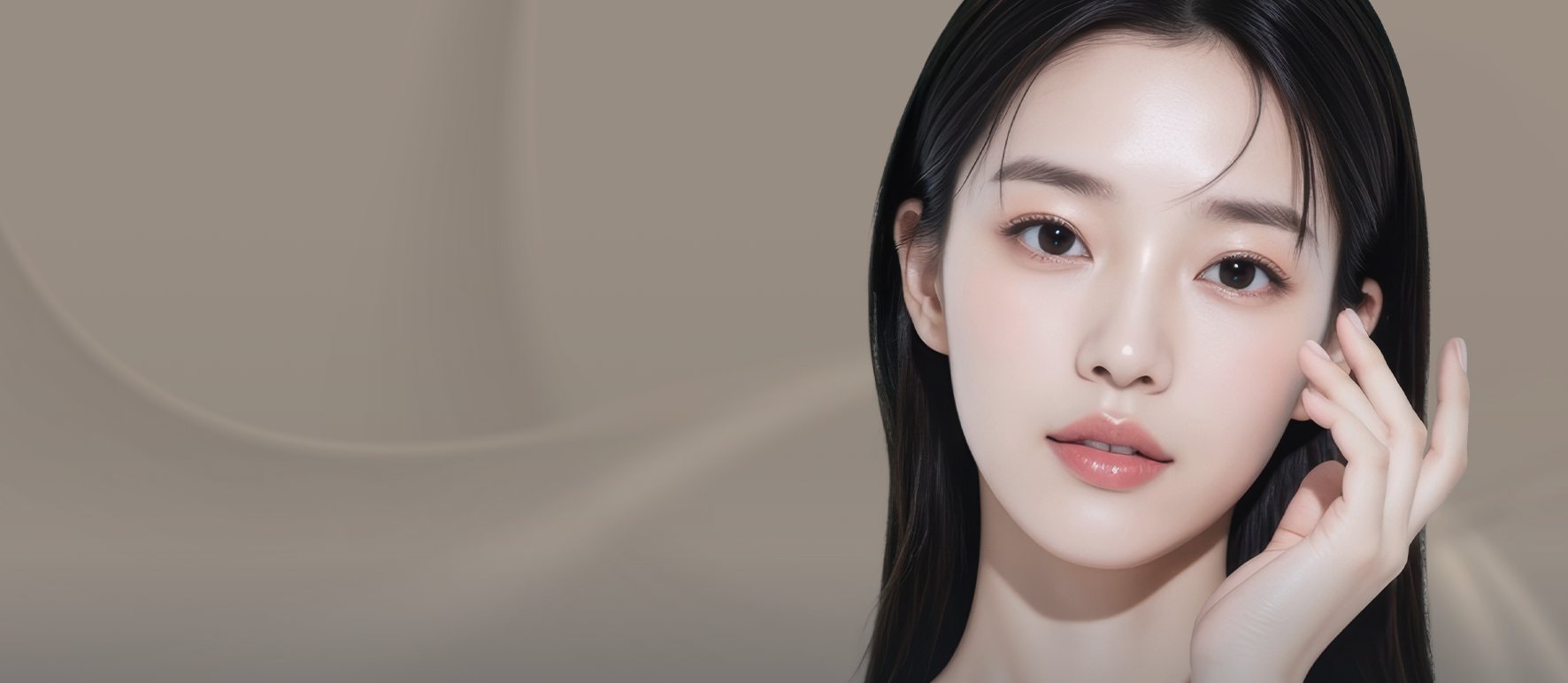 손끝을 뺨에 댄 긴 생머리 여성 모델(오른쪽), 베이지 곡선 배경 — 눈두덩이지방이식 슬라이드