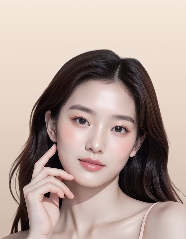손끝을 턱에 댄 분홍 민소매 차림 여성 모델(어깨 위)